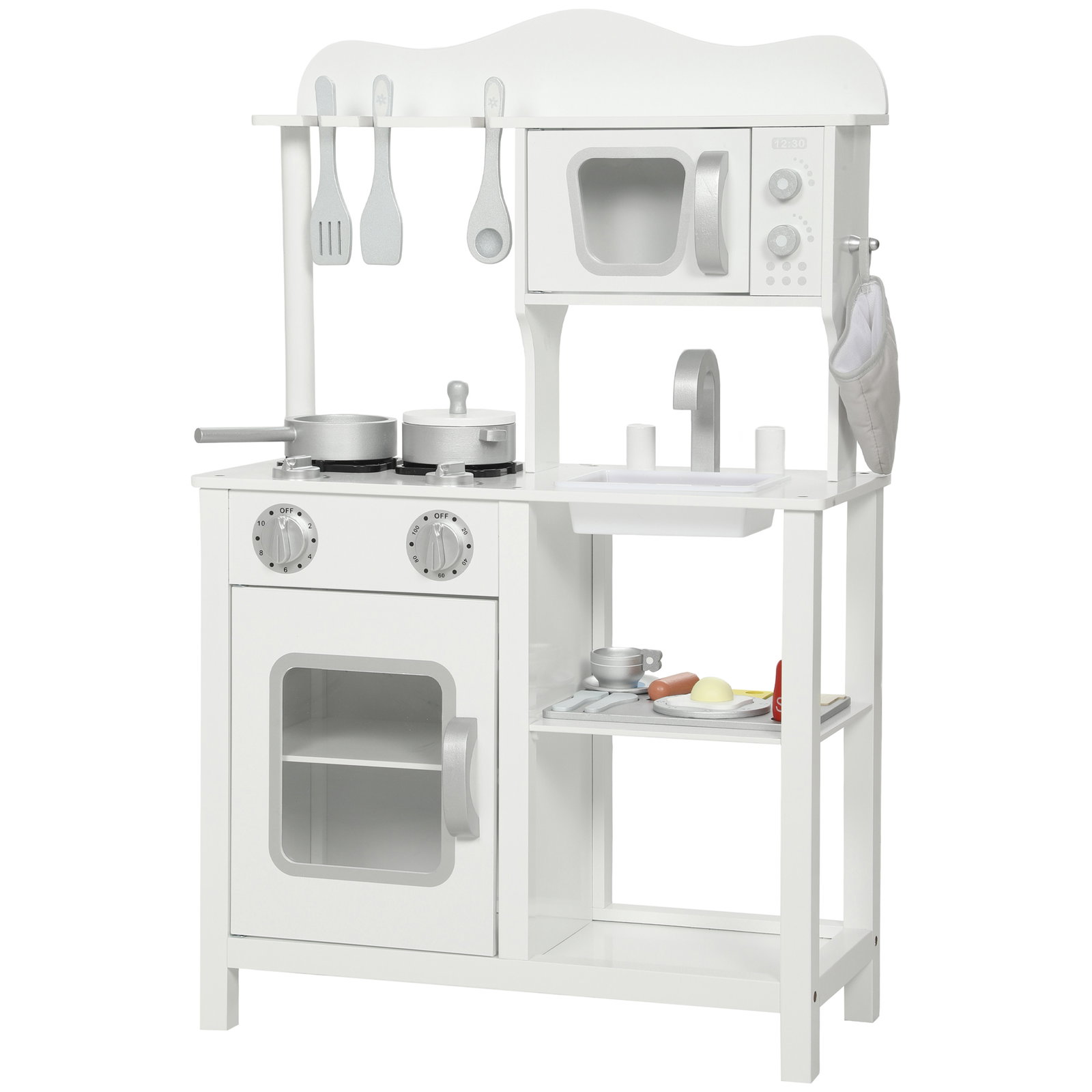 Cozinha de brincar em madeira com som acessórios lava-loiças micro-ondas e fogão 55x24x86 cm branco