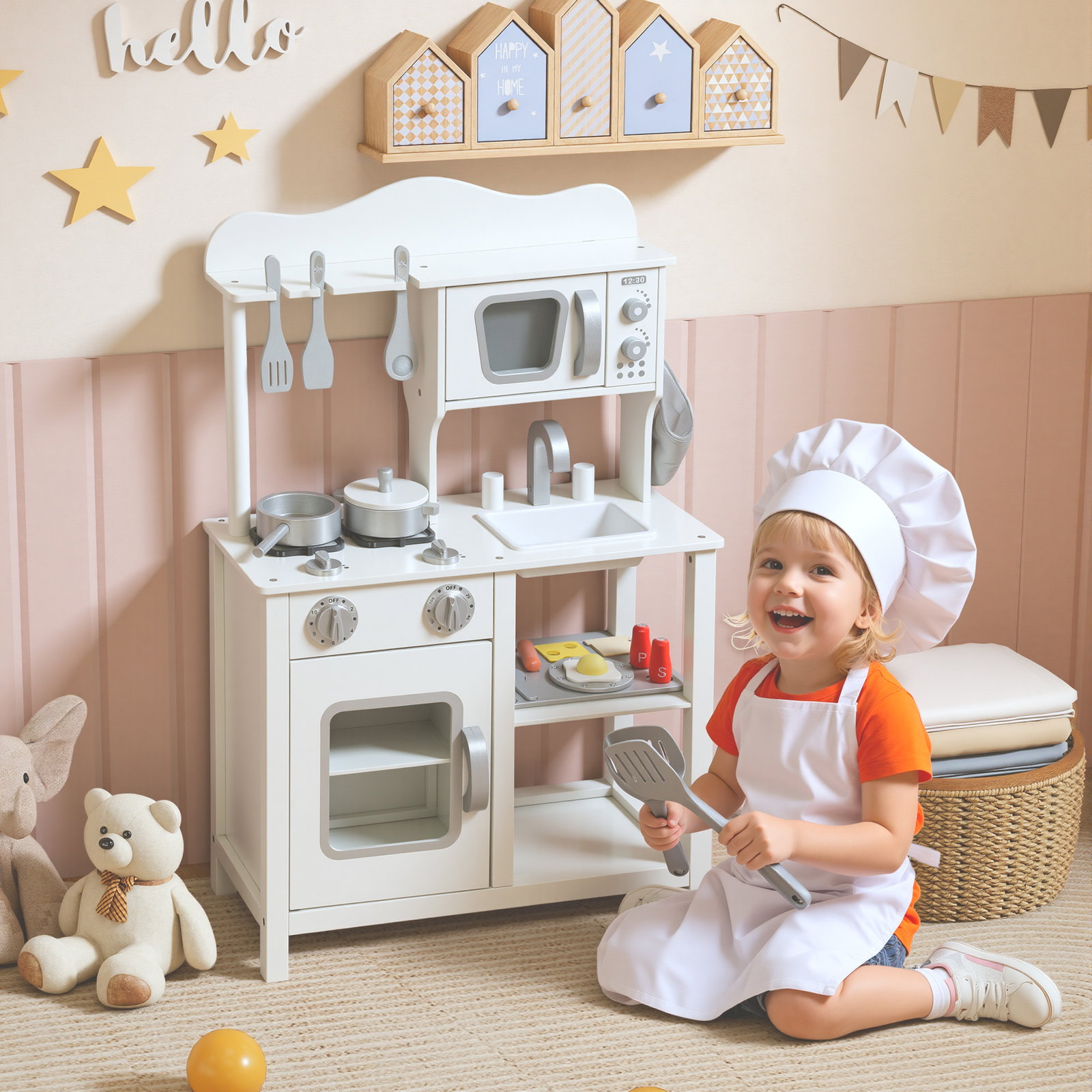 Cozinha de brincar em madeira com som acessórios lava-loiças micro-ondas e fogão 55x24x86 cm branco