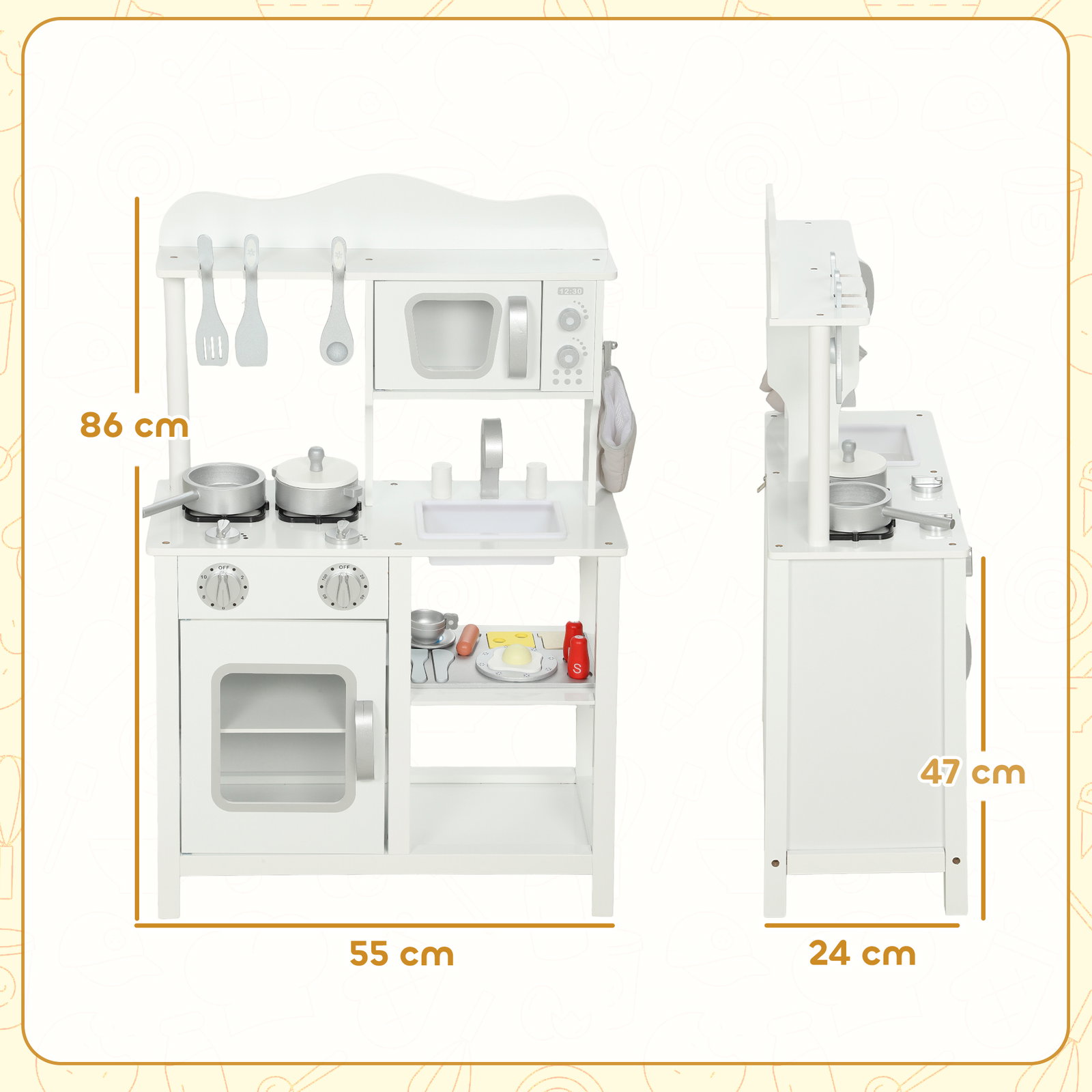 Cozinha de brincar em madeira com som acessórios lava-loiças micro-ondas e fogão 55x24x86 cm branco