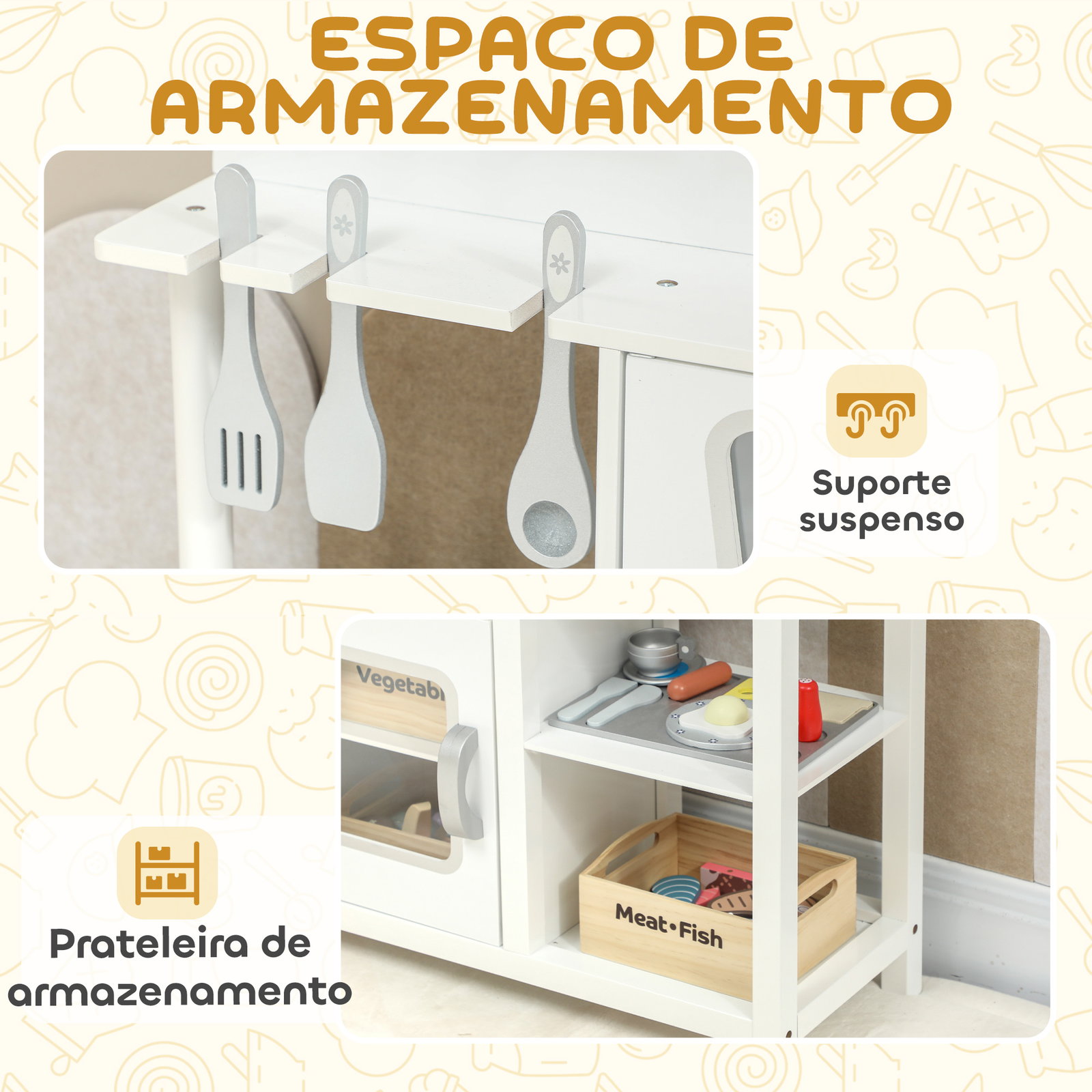 Cozinha de brincar em madeira com som acessórios lava-loiças micro-ondas e fogão 55x24x86 cm branco