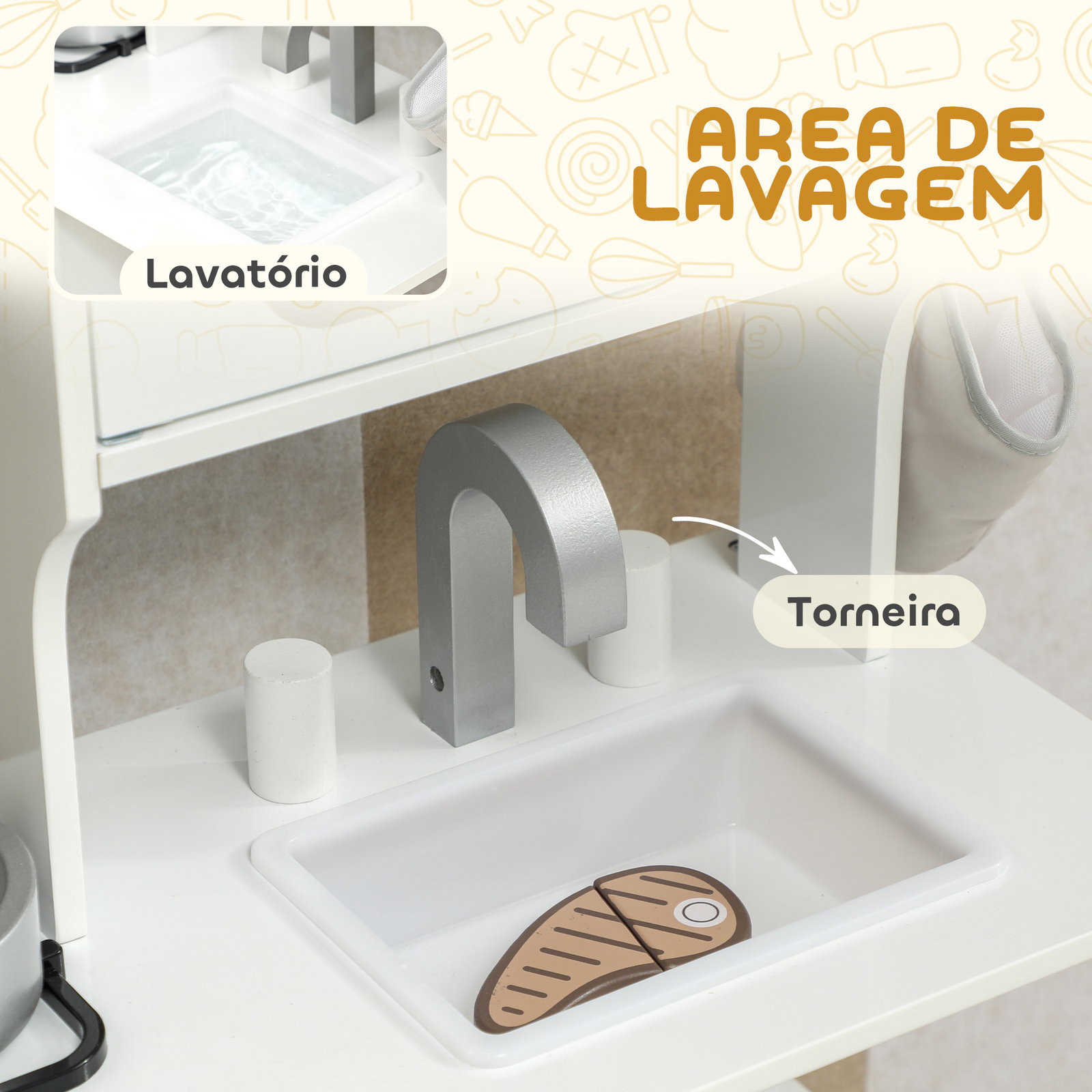 Cozinha de brincar em madeira com som acessórios lava-loiças micro-ondas e fogão 55x24x86 cm branco
