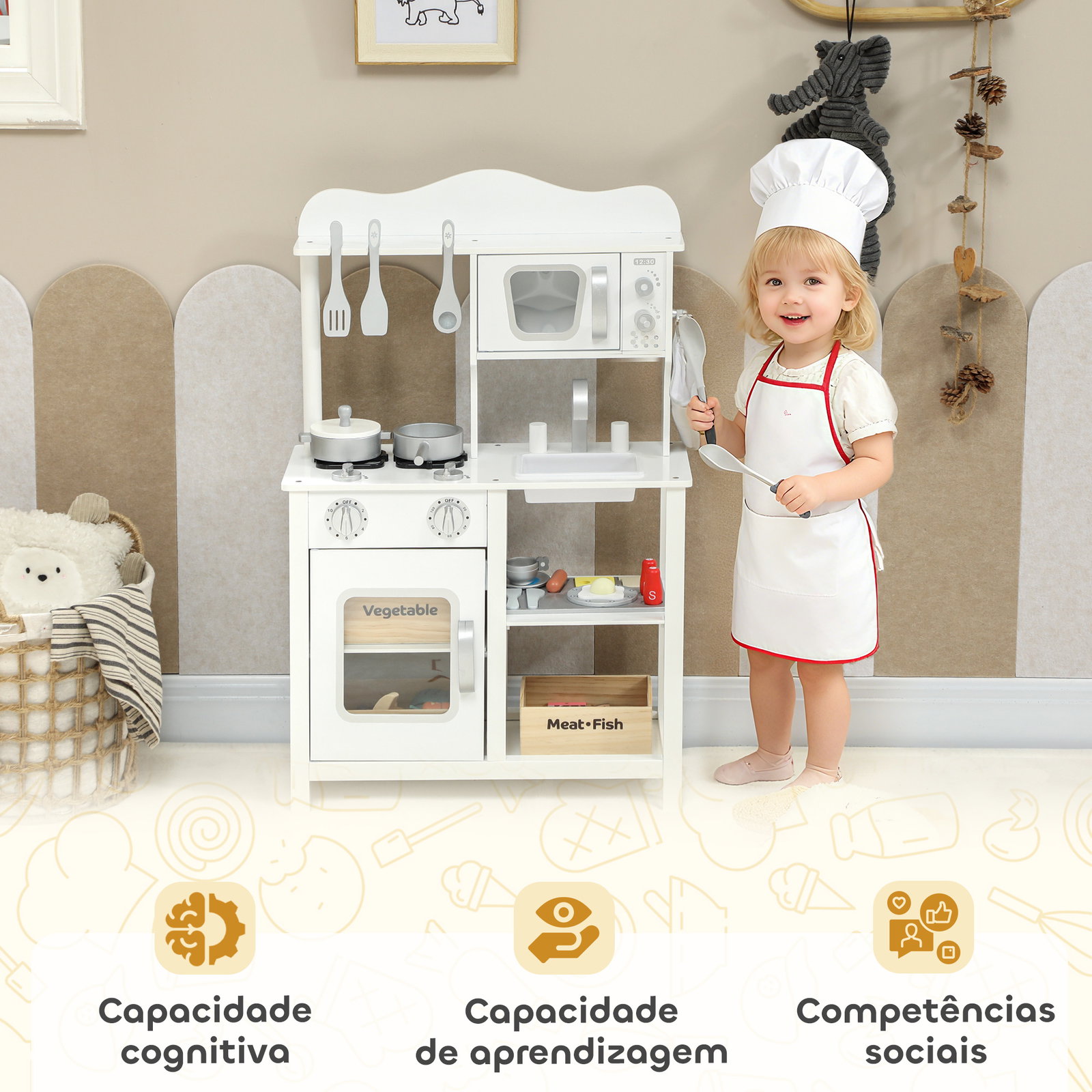Cozinha de brincar em madeira com som acessórios lava-loiças micro-ondas e fogão 55x24x86 cm branco