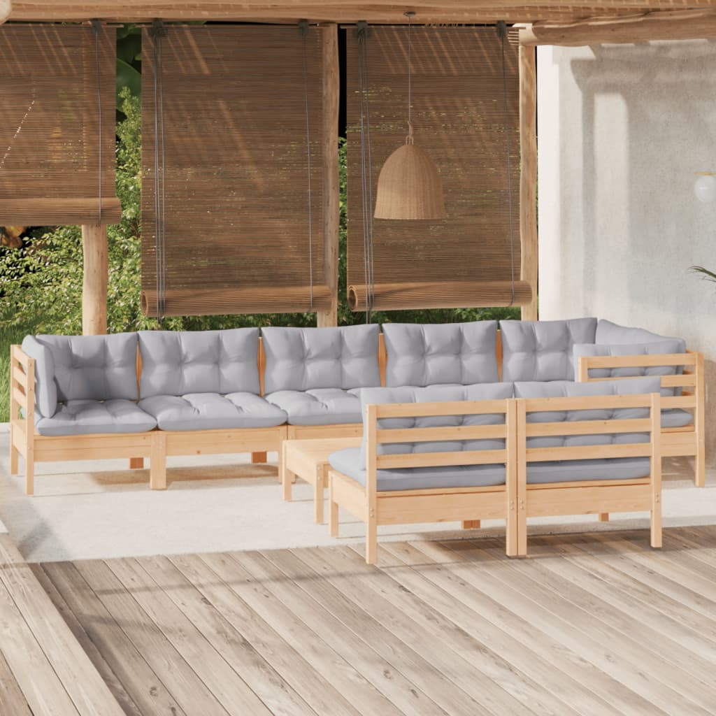 9 Pcs conjunto lounge de jardim + almofadões cinza pinho maciço