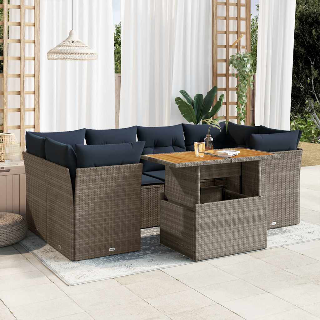 7 Pcs conjunto sofás p/ jardim c/ almofadões vime PE cinzento