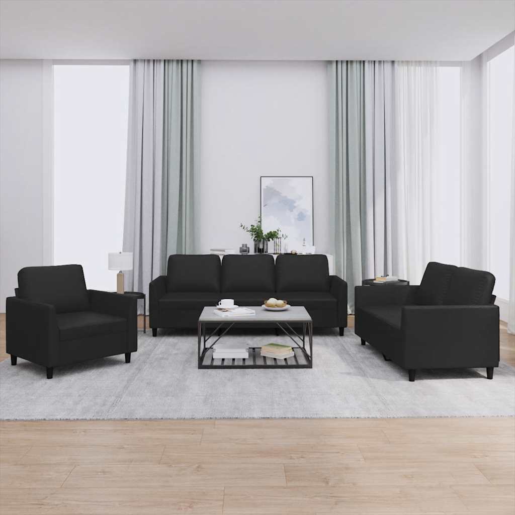3 Pcs conjunto de sofás com almofadões couro artificial preto