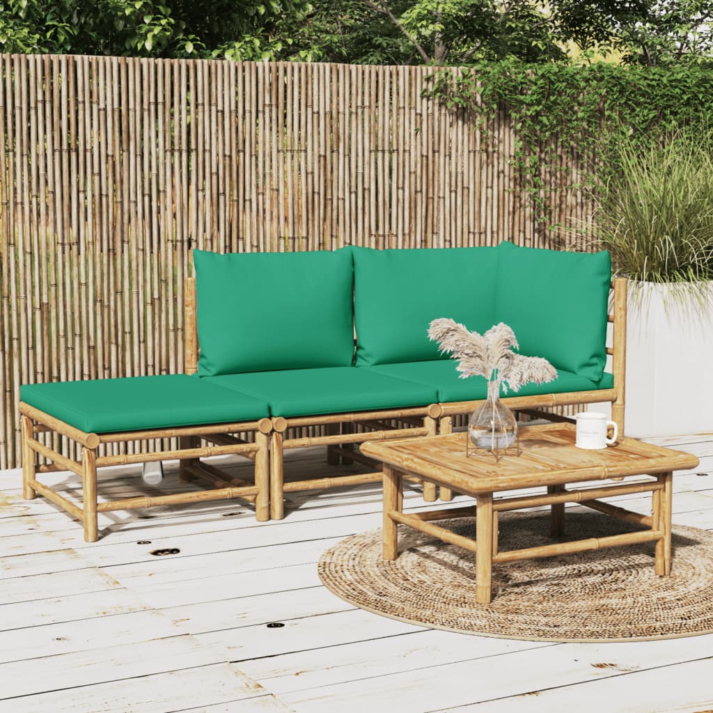 3 Pcs conjunto lounge de jardim bambu c/ almofadões verdes