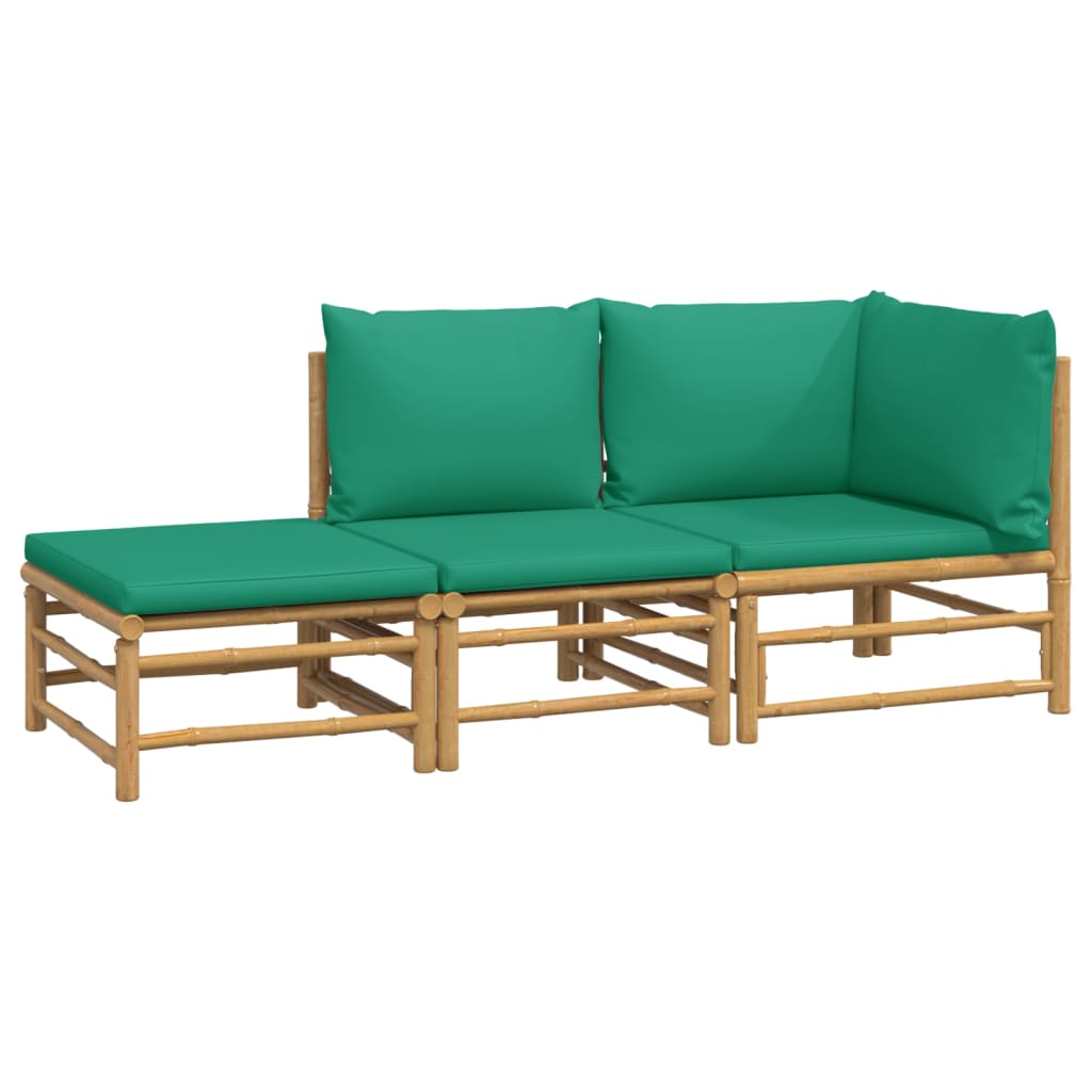 3 Pcs conjunto lounge de jardim bambu c/ almofadões verdes