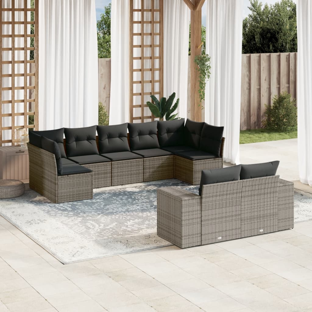 9 Pcs conjunto sofás p/ jardim com almofadões vime PE cinzento