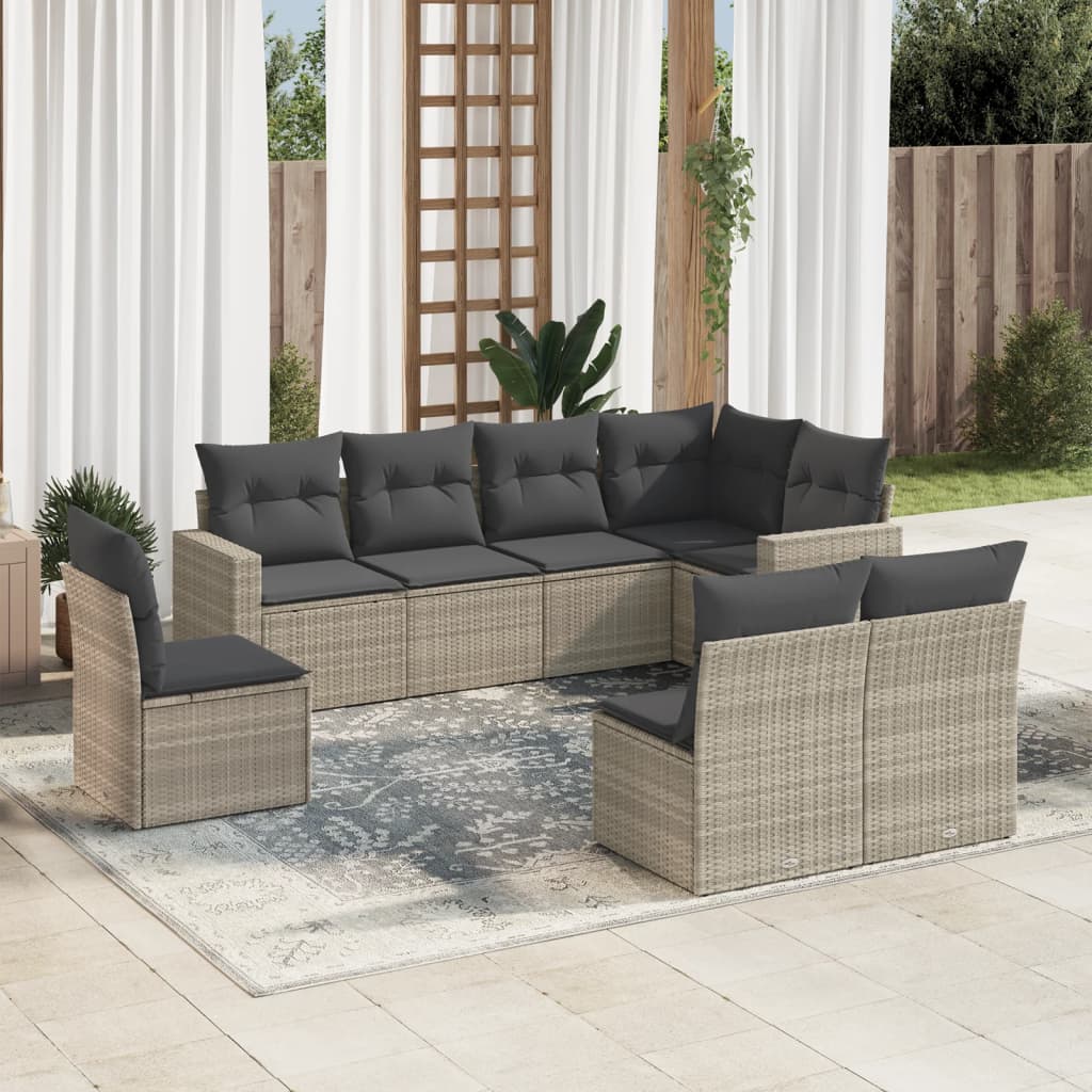 8 Pcs conj. sofás jardim c/ almofadões vime PE cinzento-claro