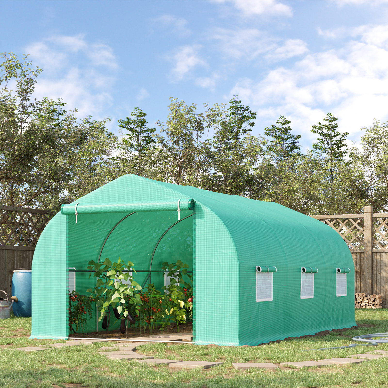 Estufa tipo túnel 450x300x200 cm estufa de jardim com porta e 6 janelas enroláveis cobertura de PE e aço verde