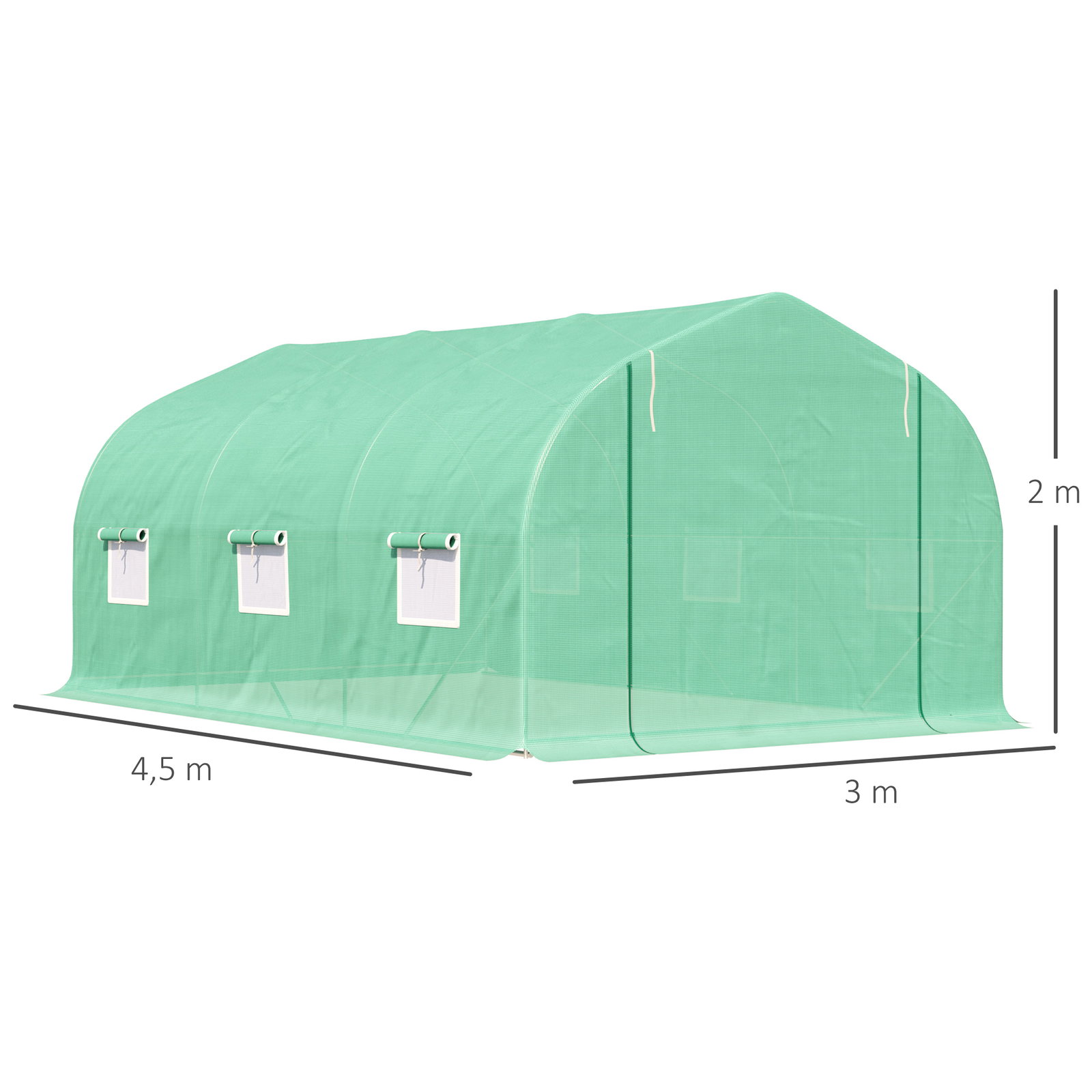 Estufa tipo túnel 450x300x200 cm estufa de jardim com porta e 6 janelas enroláveis cobertura de PE e aço verde