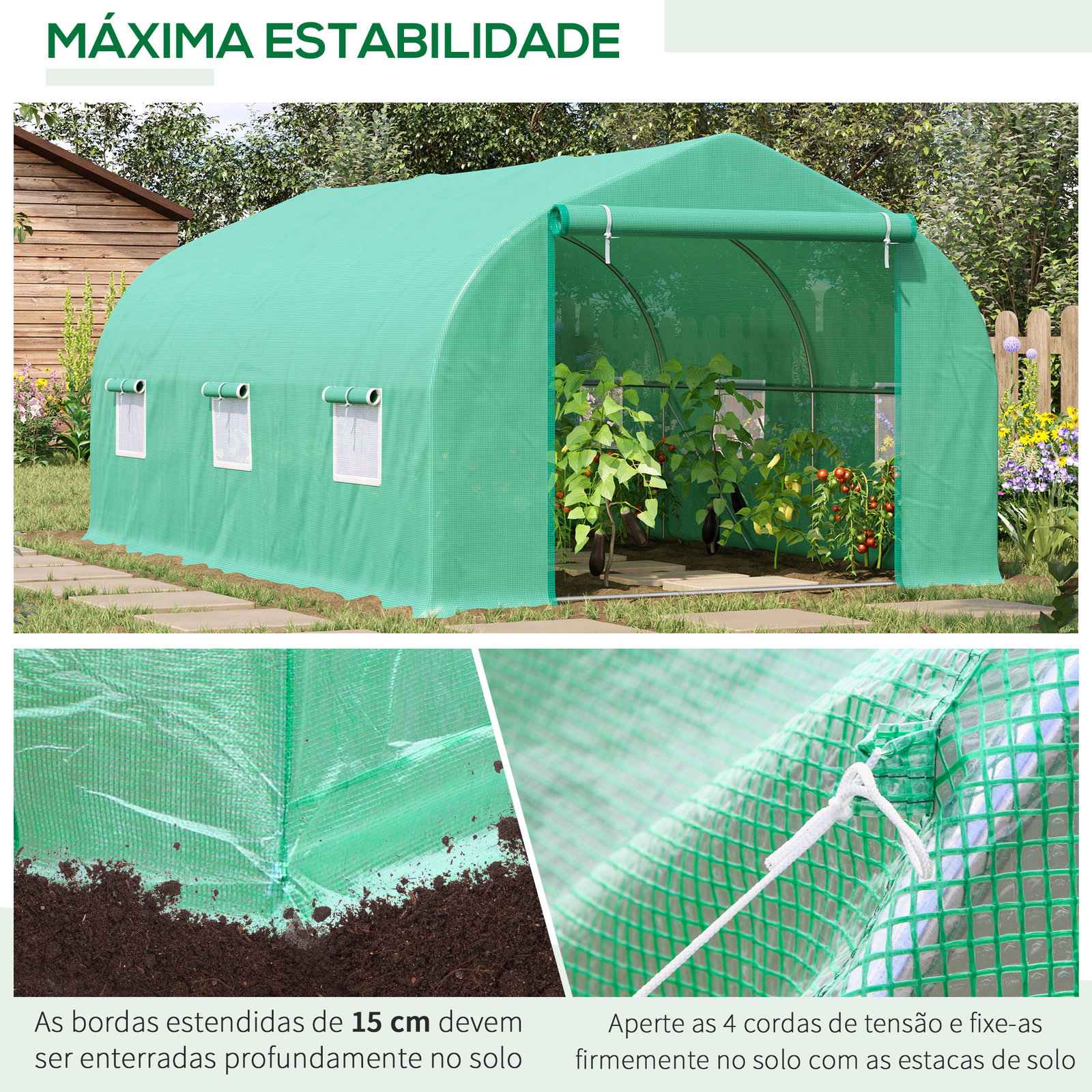 Estufa tipo túnel 450x300x200 cm estufa de jardim com porta e 6 janelas enroláveis cobertura de PE e aço verde