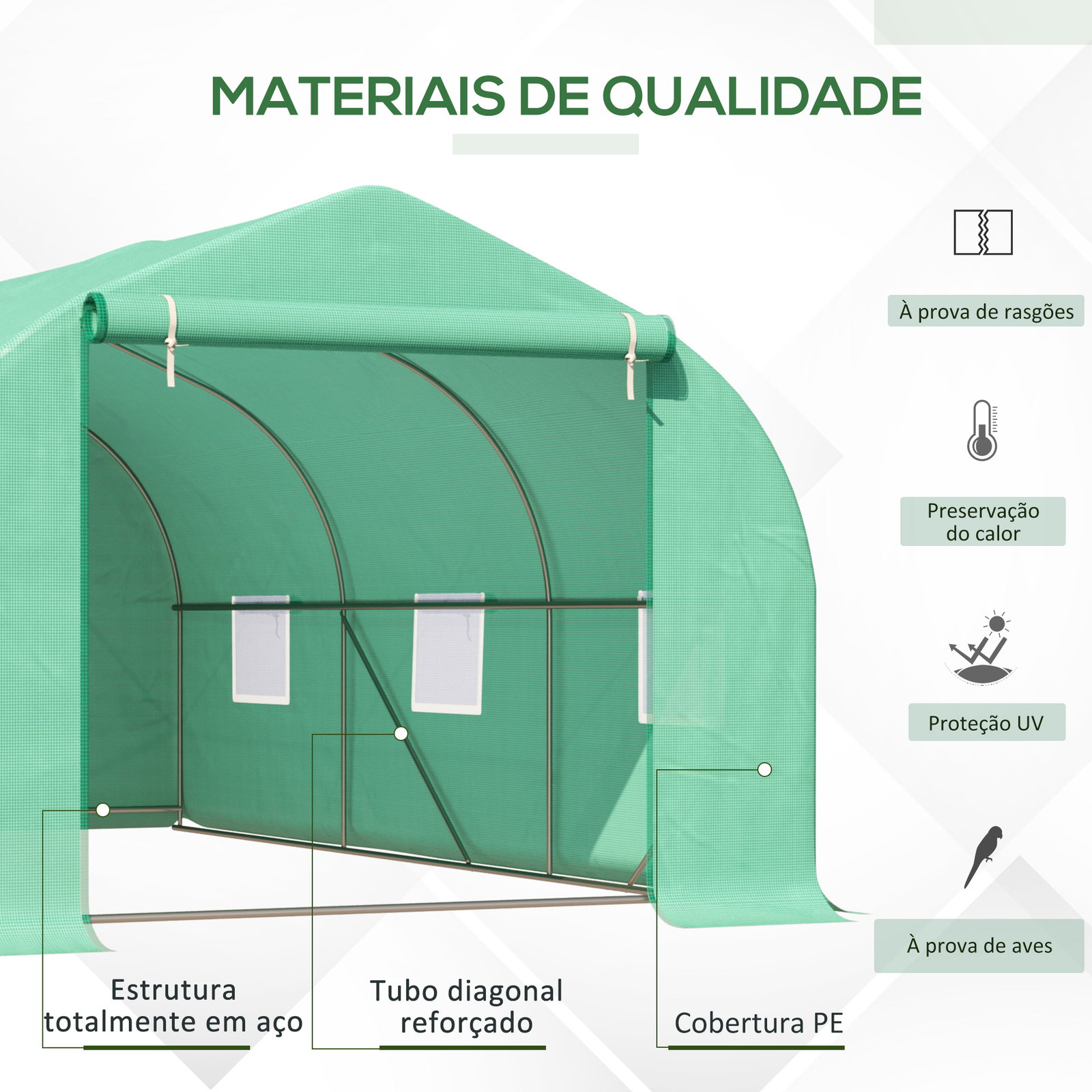 Estufa tipo túnel 450x300x200 cm estufa de jardim com porta e 6 janelas enroláveis cobertura de PE e aço verde