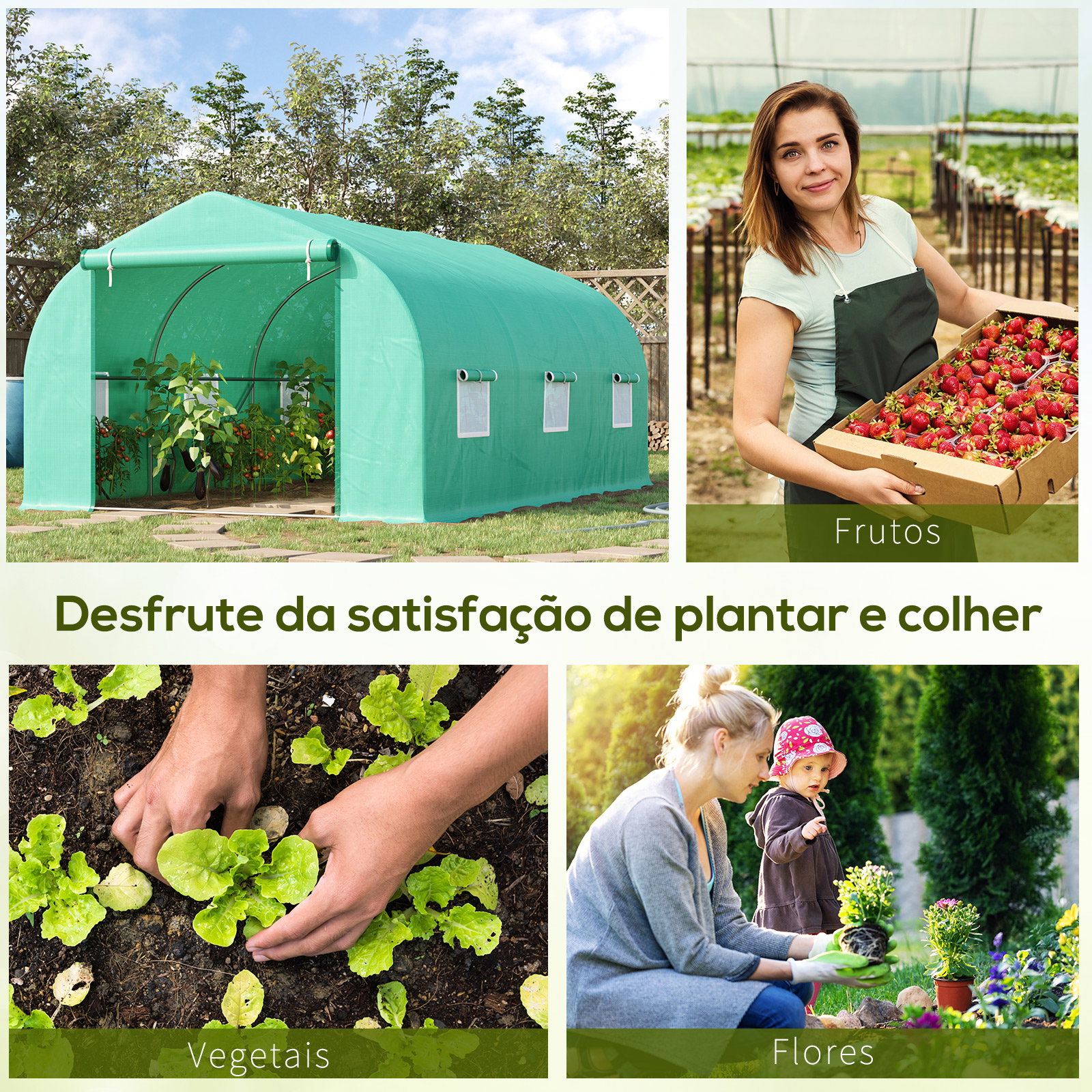 Estufa tipo túnel 450x300x200 cm estufa de jardim com porta e 6 janelas enroláveis cobertura de PE e aço verde