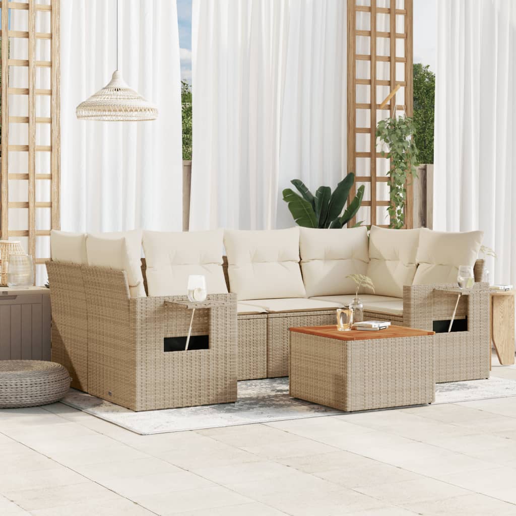 7 Pcs conjunto de sofás p/ jardim com almofadões vime PE bege