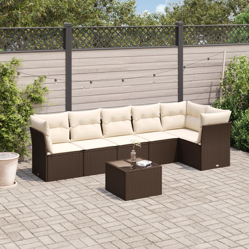 7 Pcs conjunto de sofás jardim c/ almofadões vime PE castanho