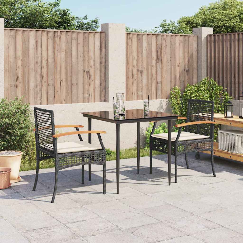 3 Pcs conjunto de jantar p/ jardim c/ almofadões vime PE preto