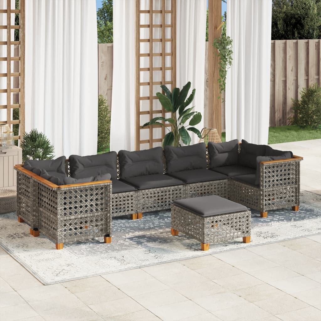 8 Pcs conjunto sofás de jardim c/ almofadões vime PE cinzento
