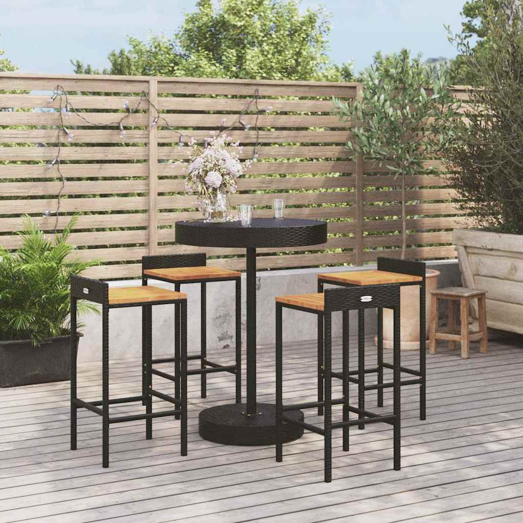 5 Pcs conjunto de bar p/ jardim vime PE/acácia maciça preto
