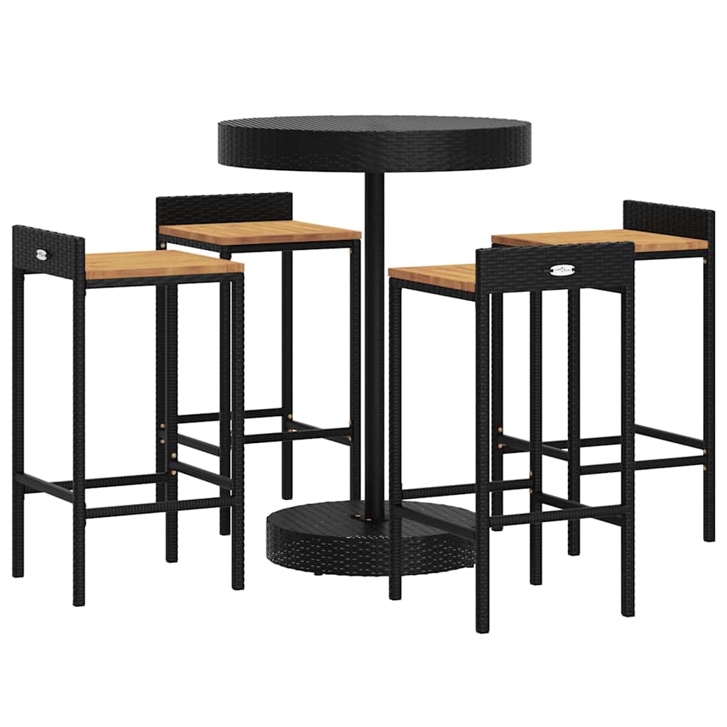 5 Pcs conjunto de bar p/ jardim vime PE/acácia maciça preto