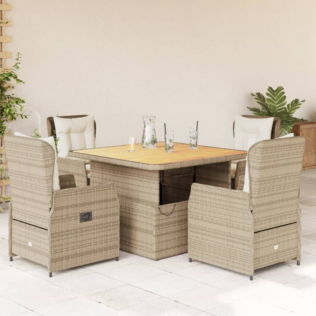 5 Pcs conjunto de jantar p/ jardim com almofadões vime PE bege