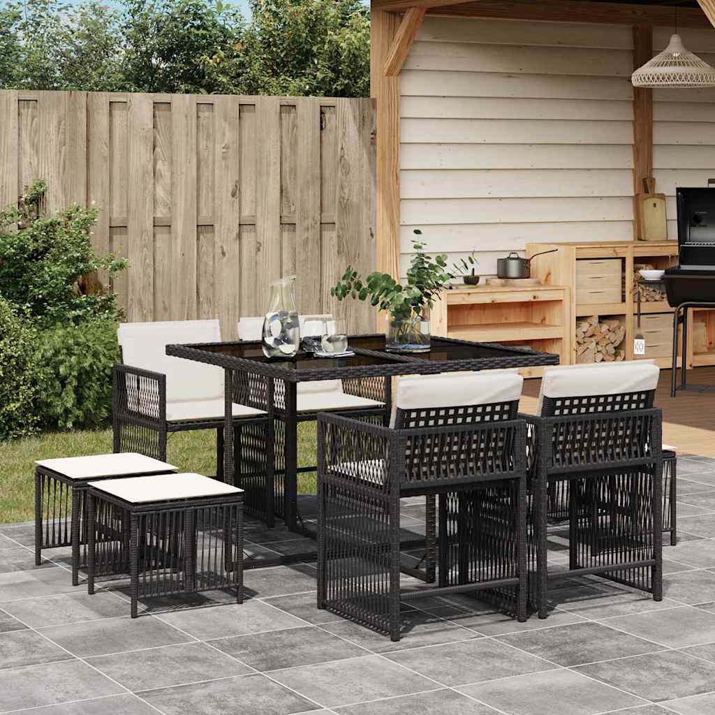 9 Pcs conjunto de jantar p/ jardim c/ almofadões vime PE preto