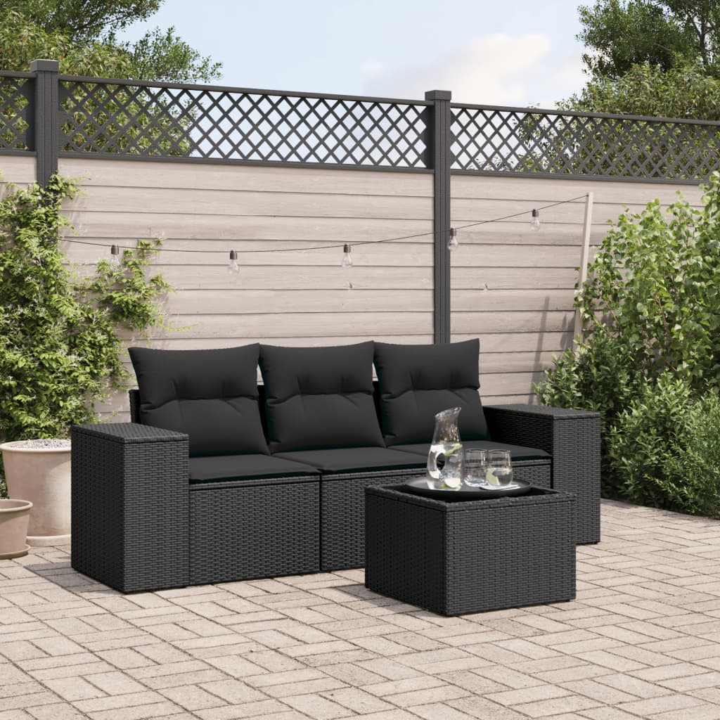 4 Pcs conjunto de sofás para jardim c/ almofadões vime PE preto
