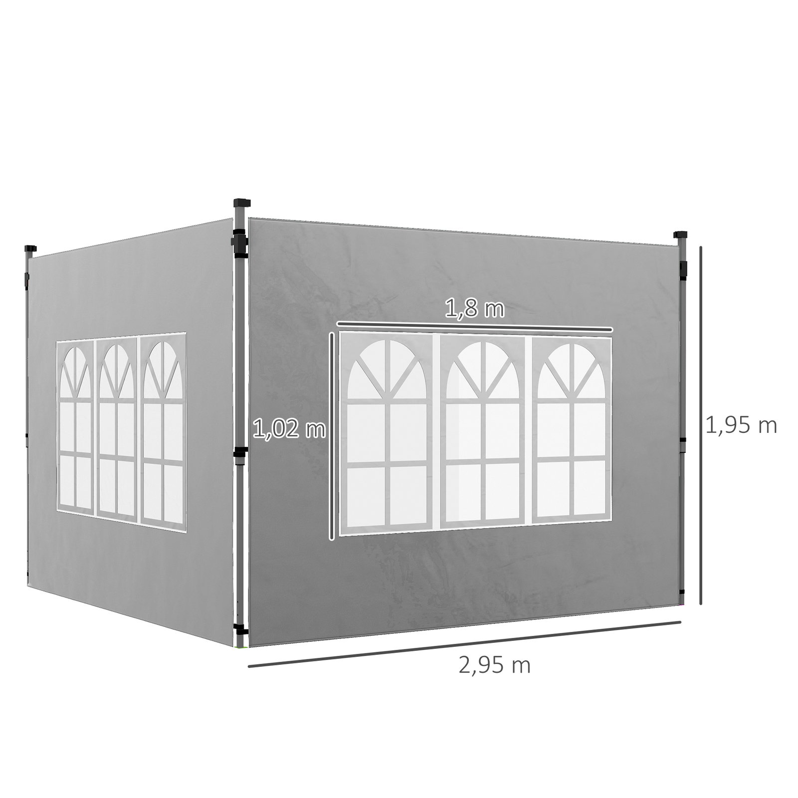 2 Paredes laterais para tenda de 3x3 / 3x4 m 295x195 cm parede de substituição de tecido oxford para tendas dobráveis cinzento claro
