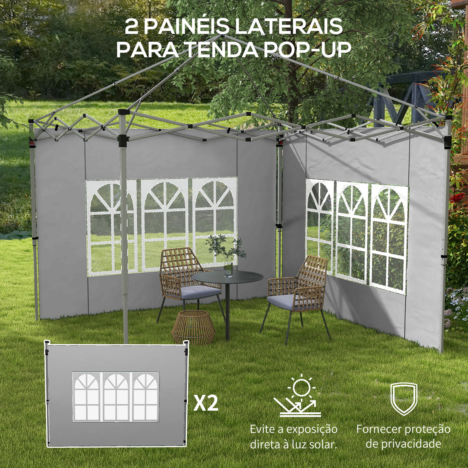 2 Paredes laterais para tenda de 3x3 / 3x4 m 295x195 cm parede de substituição de tecido oxford para tendas dobráveis cinzento claro
