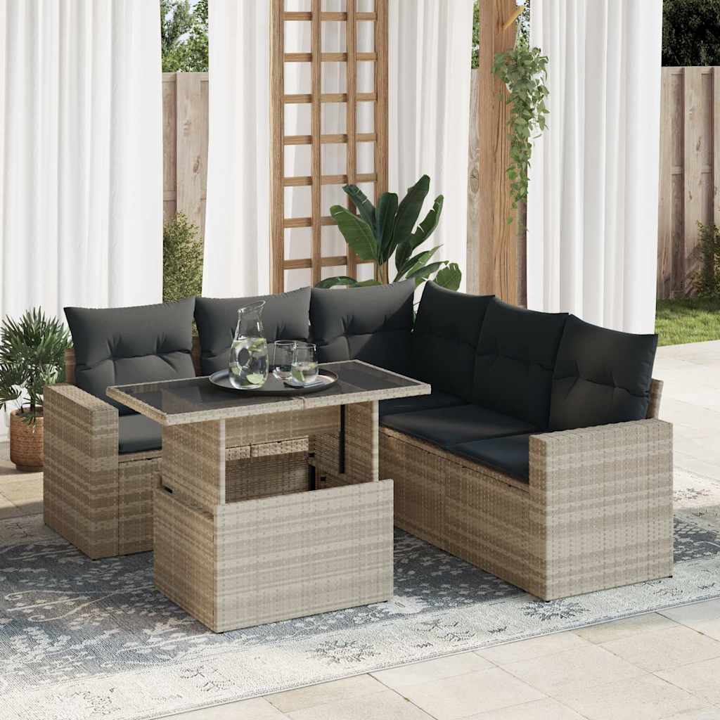 6 Pcs conj. sofás jardim com almofadões vime PE cinzento-claro