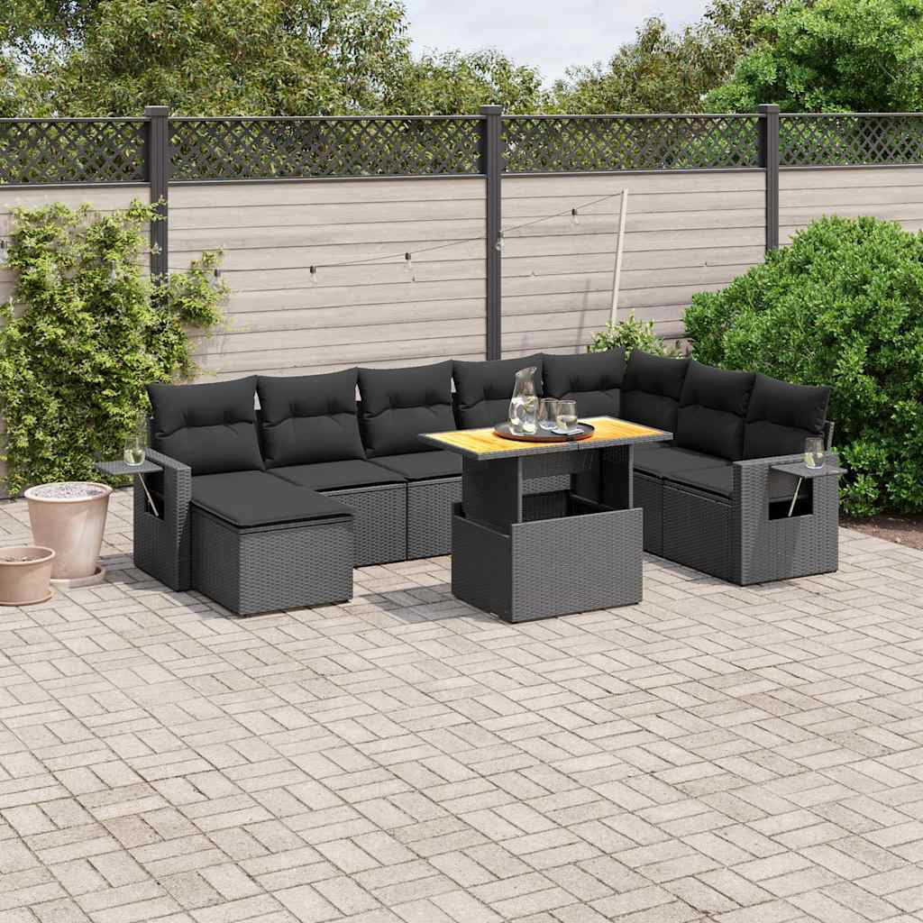 9 Pcs conjunto de sofás p/ jardim c/ almofadões vime PE preto