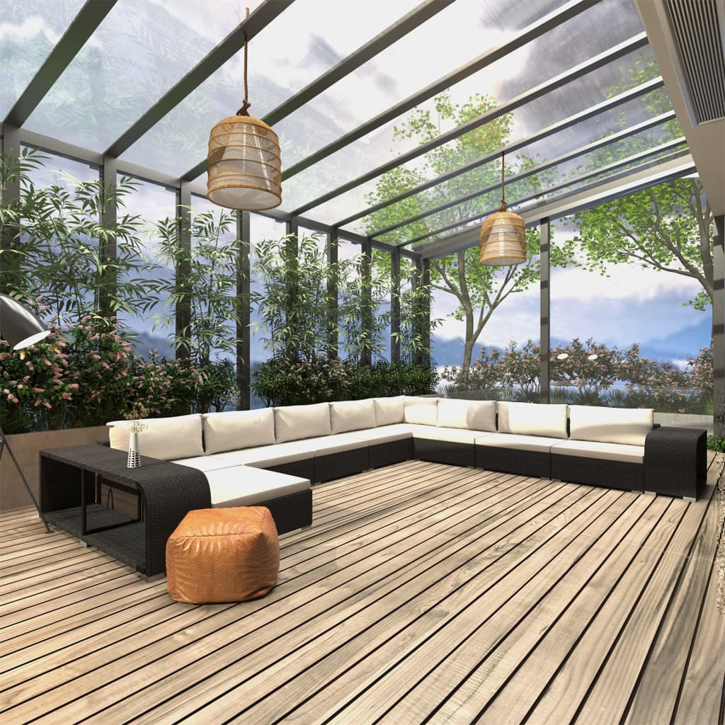 11 Pcs conjunto lounge de jardim c/ almofadões vime PE preto