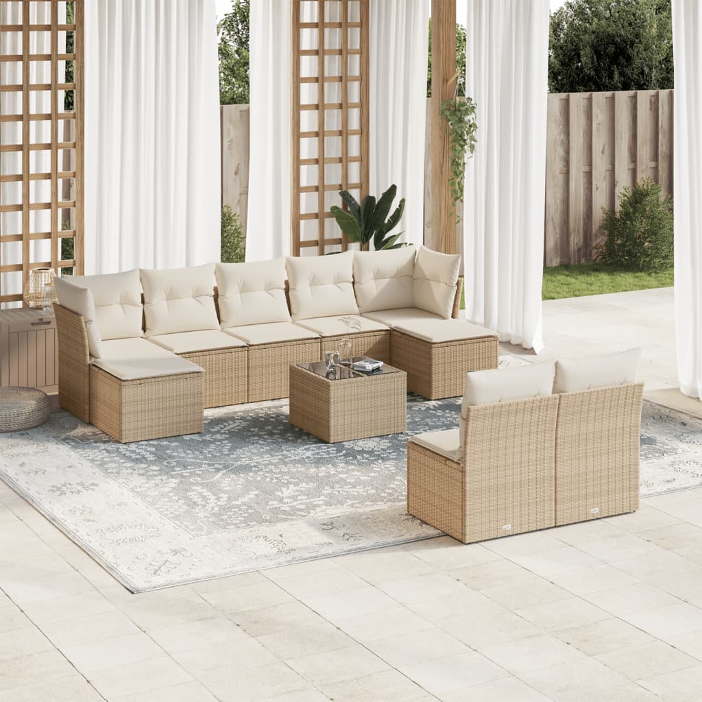10 Pcs conjunto de sofás p/ jardim com almofadões vime PE bege