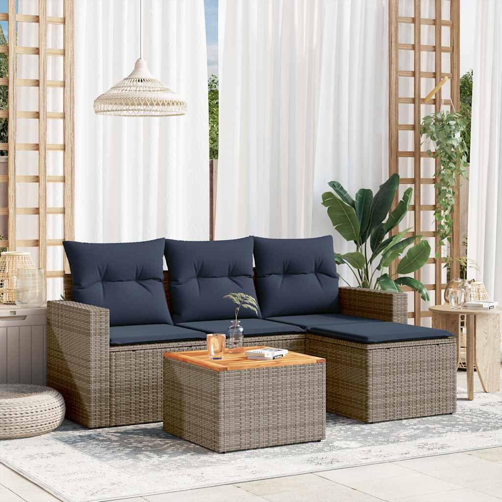 Conjunto de sofá de jardim de 5 peças com almofadas em rattan sintético cinza