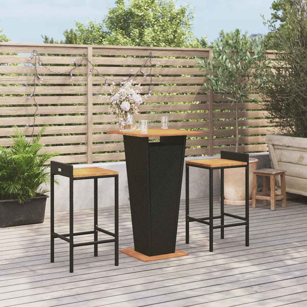 3 Pcs conjunto de bar p/ jardim vime PE/acácia maciça preto