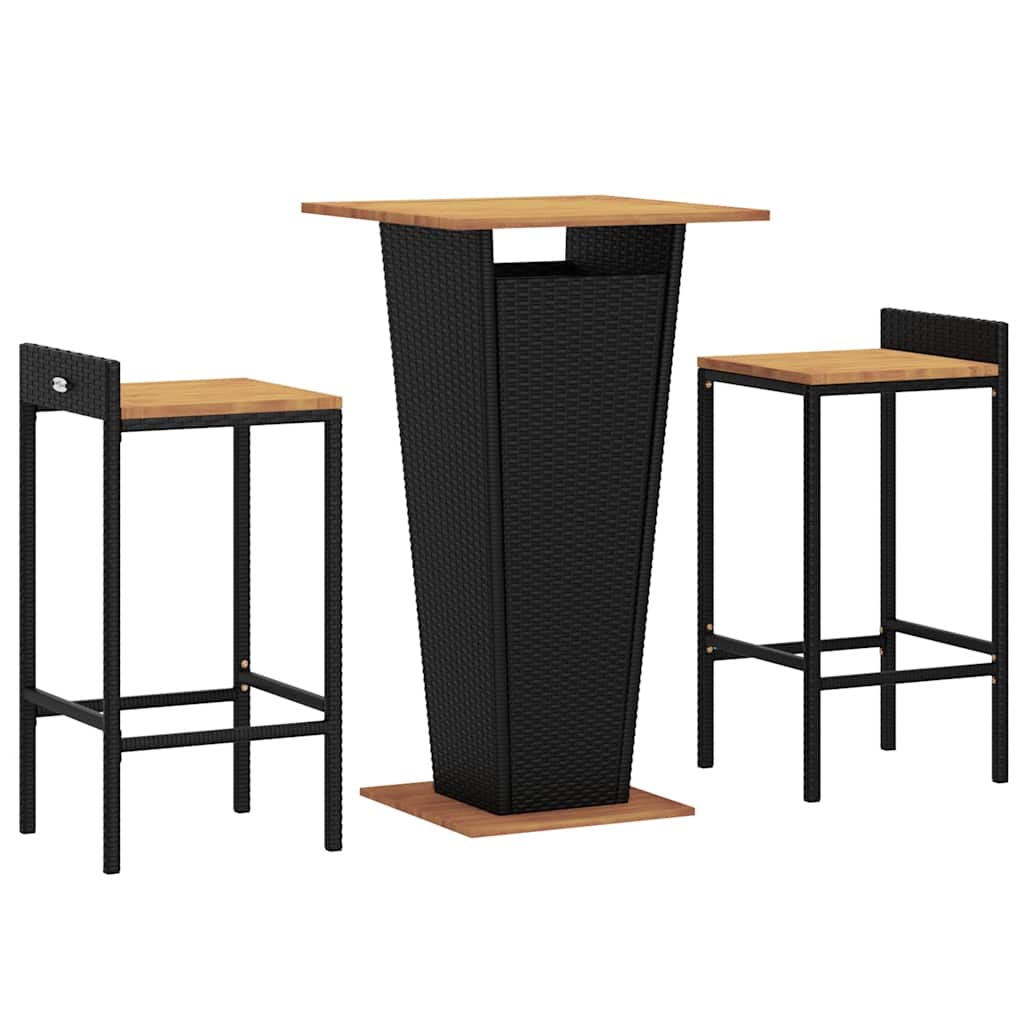 3 Pcs conjunto de bar p/ jardim vime PE/acácia maciça preto