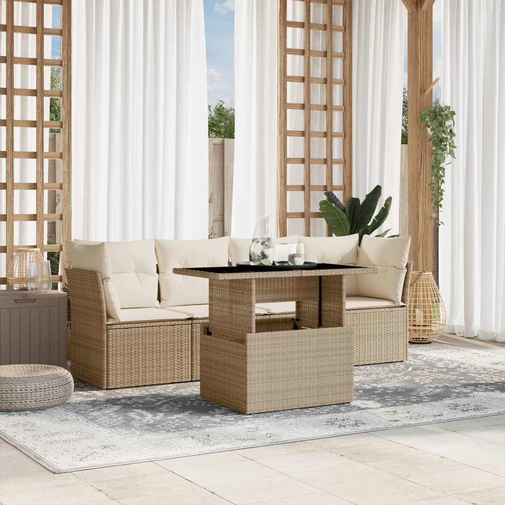 5 Pcs conjunto de sofás p/ jardim com almofadões vime PE bege