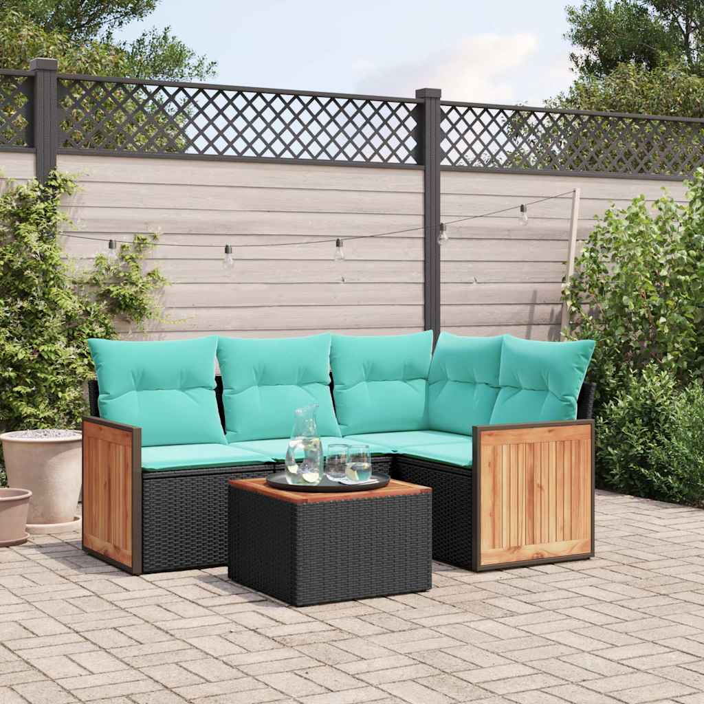 Conjunto de sofá de jardim de 5 peças com almofadas em rattan sintético preto