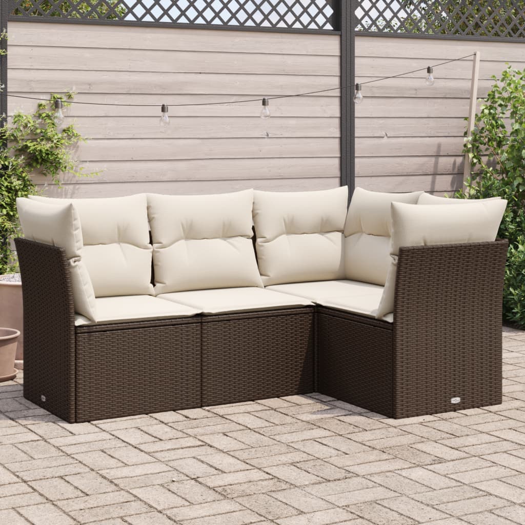 4 Pcs conjunto sofás de jardim c/ almofadões vime PE castanho