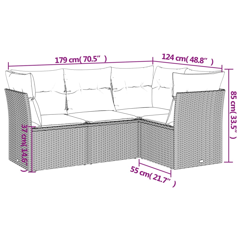 4 Pcs conjunto sofás de jardim c/ almofadões vime PE castanho