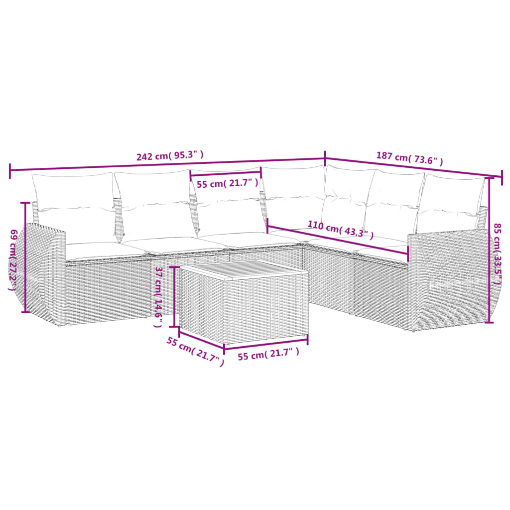 7 Pcs conjunto de sofás p/ jardim com almofadões vime PE bege