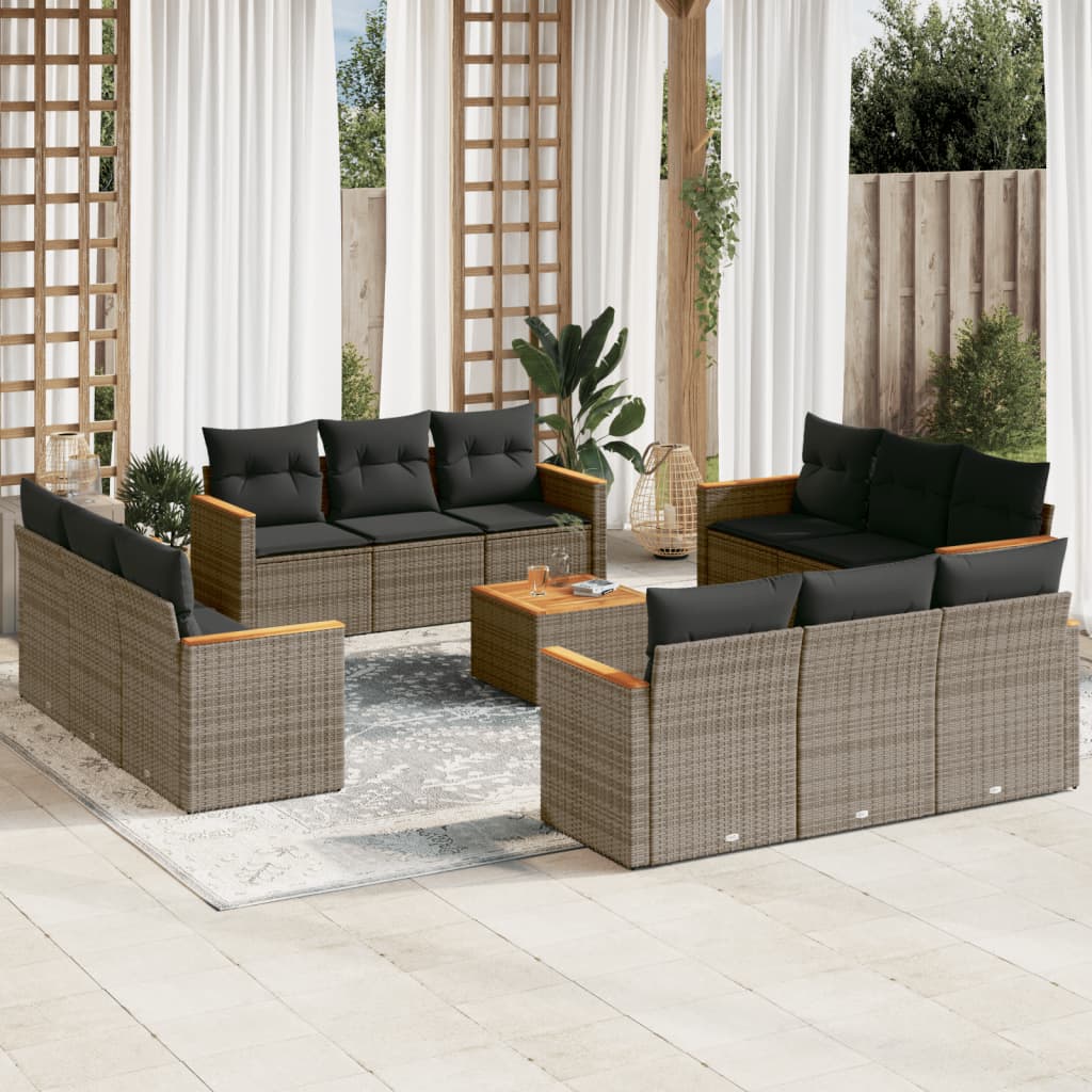 13 Pcs conjunto sofás p/ jardim c/ almofadões vime PE cinzento