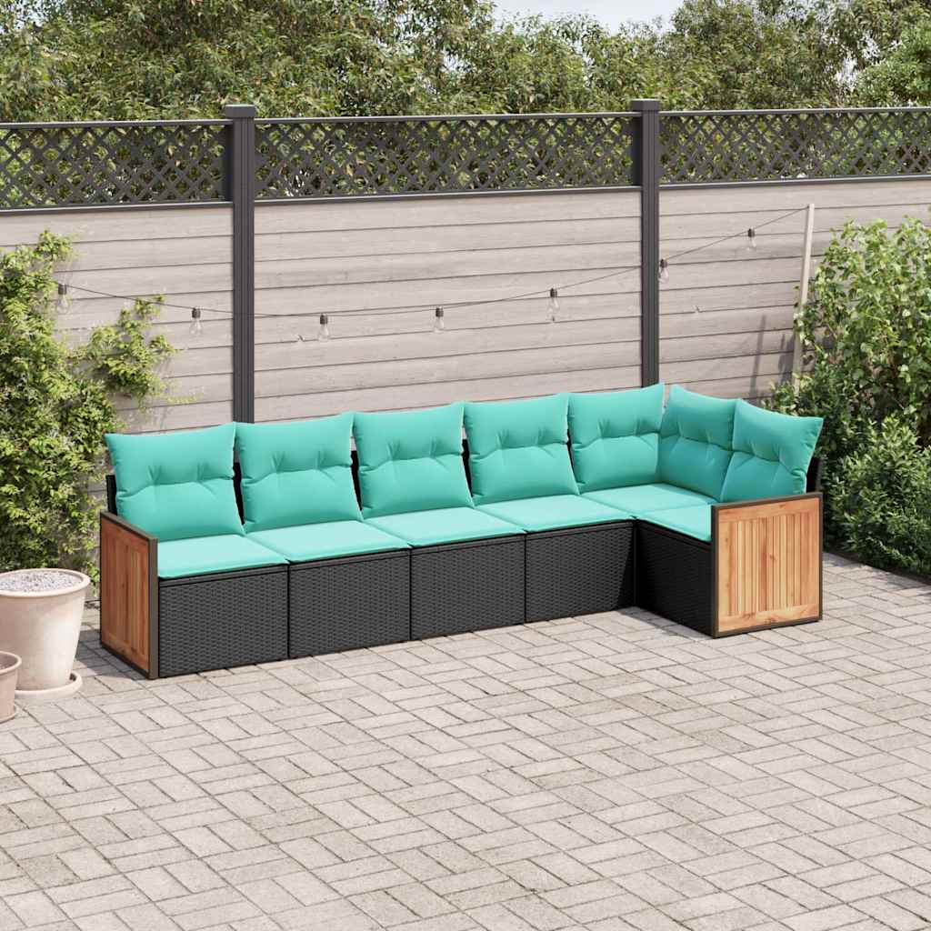 Conjunto de sofá de jardim com 6 peças e almofadas em rattan sintético preto