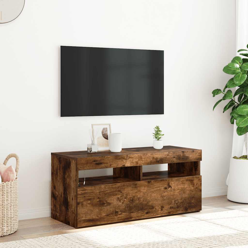 Móvel de TV com luzes LED 90x35x40 cm carvalho fumado