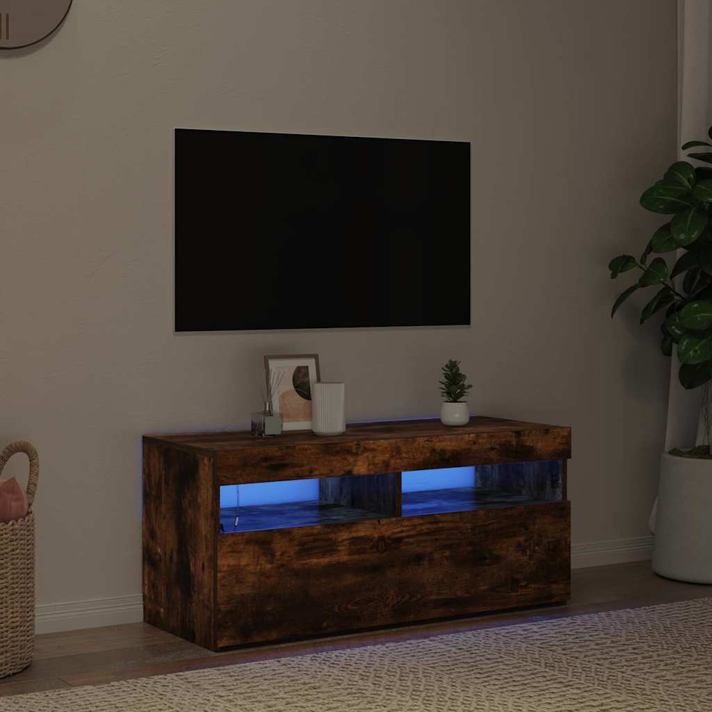 Móvel de TV com luzes LED 90x35x40 cm carvalho fumado