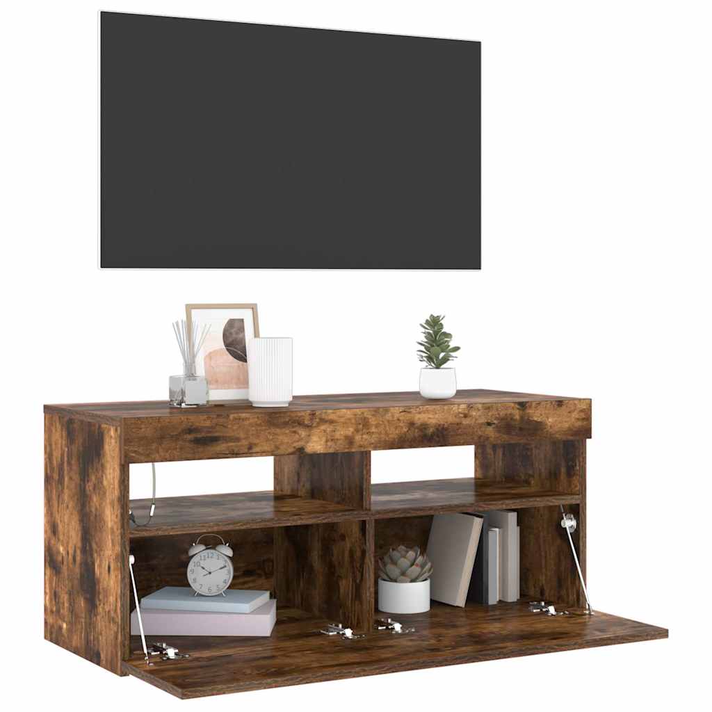 Móvel de TV com luzes LED 90x35x40 cm carvalho fumado