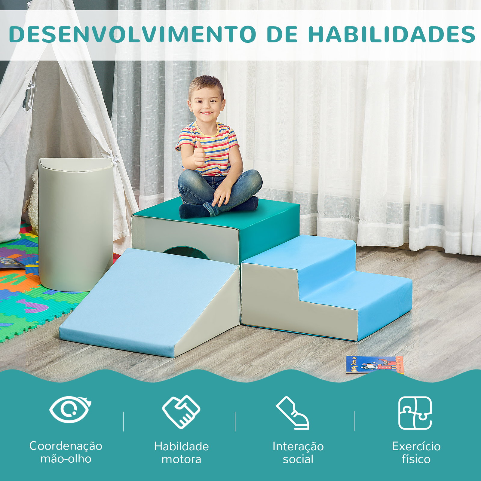 Conjunto de 4 Blocos de Espuma para Crianças de 1-3 Anos Figuras de Construção Brinquedo de Aprendizagem Infantil Estofado em PU