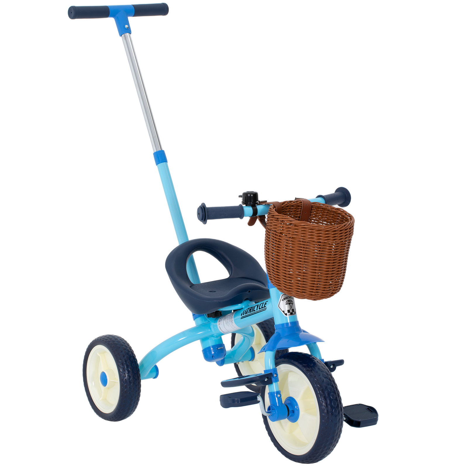 Triciclo para bebés 2 em 1 triciclo evolutivo para crianças com barra parental ajustável apoio para pés rebatível e cesto 93,5x47x96 cm azul