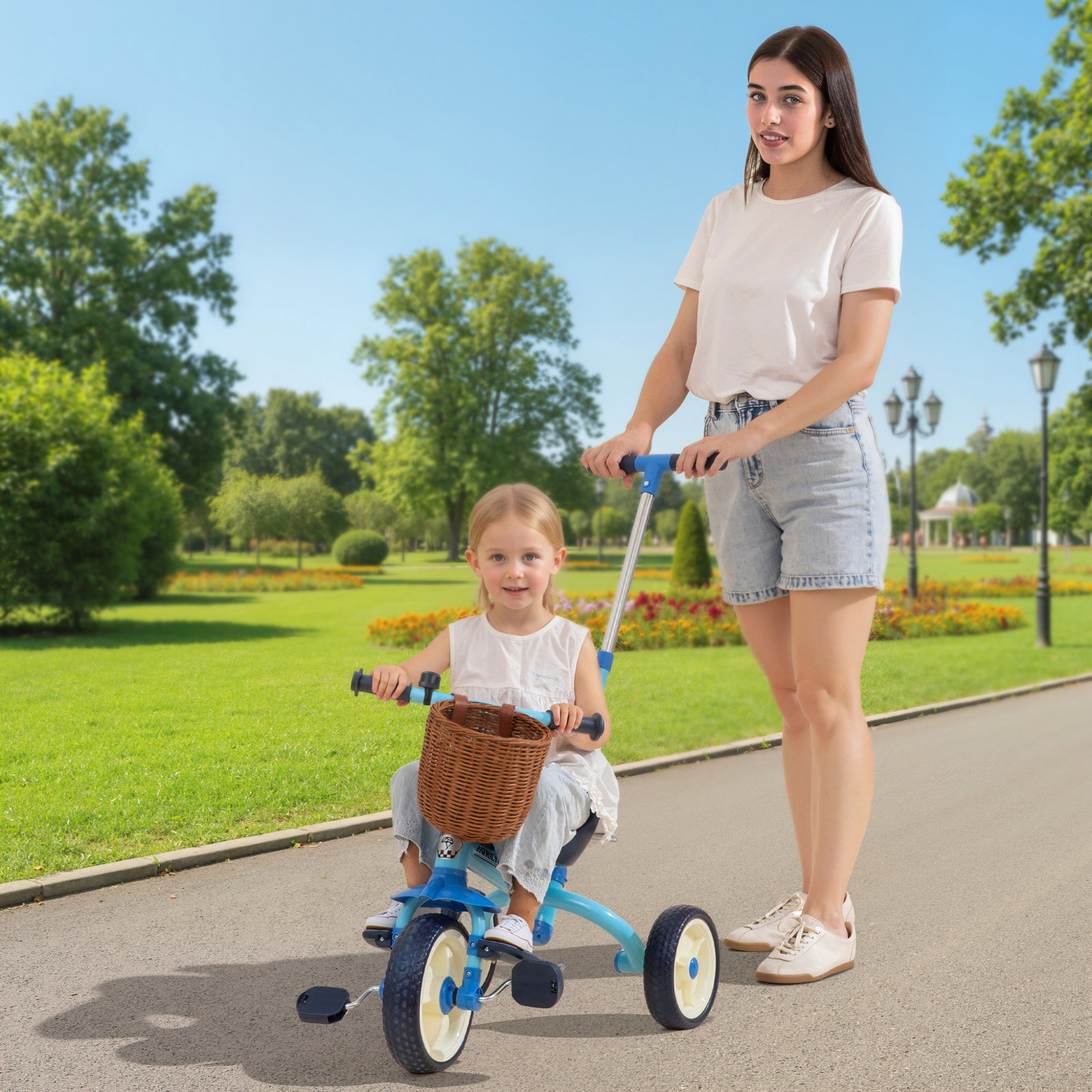 Triciclo para bebés 2 em 1 triciclo evolutivo para crianças com barra parental ajustável apoio para pés rebatível e cesto 93,5x47x96 cm azul