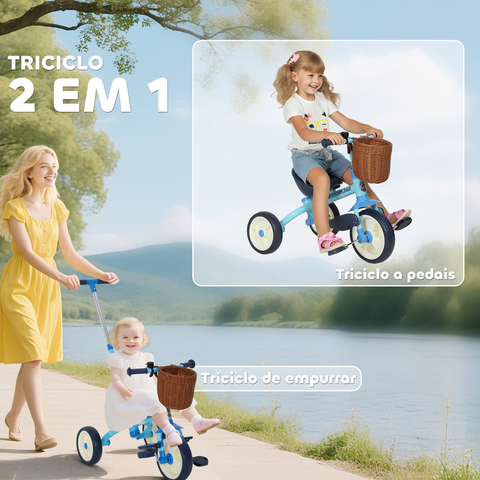 Triciclo para bebés 2 em 1 triciclo evolutivo para crianças com barra parental ajustável apoio para pés rebatível e cesto 93,5x47x96 cm azul